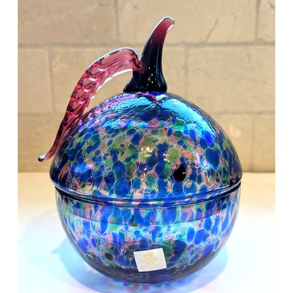 VTG Design Guild Czech Art Glass Candy Dish Apple Shape Iridescent Lid Bowl Rare - Picture 5 of 11